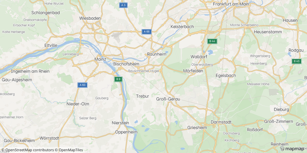 OpenStreetMap-Kartenausschnitt mit Rhein, Main und Straßen zwischen Wiesbaden, Mainz und Darmstadt